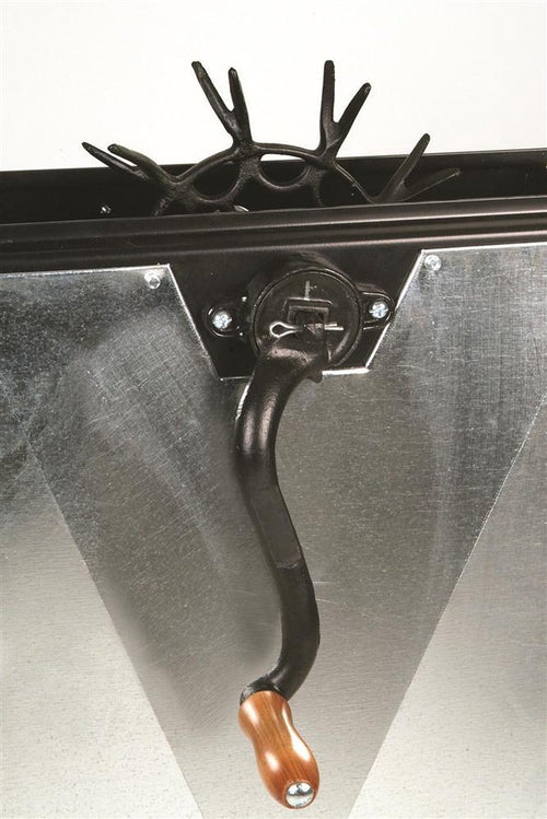 Close-up of a handcrafted black metal crank with wooden handle on a galvanized water pump, ideal for Appliances, Water Pumps, Shallow Well Pumps, and Best Sellers collections.