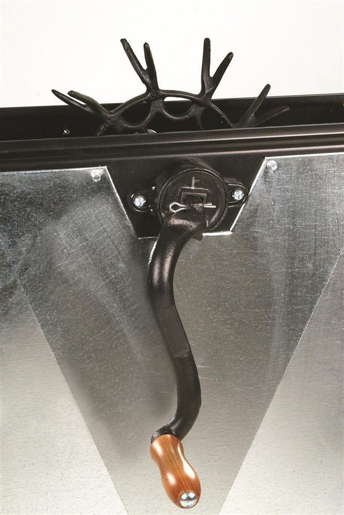 Close-up of a handcrafted black metal crank with wooden handle on a galvanized water pump, ideal for Appliances, Water Pumps, Shallow Well Pumps, and Best Sellers collections.