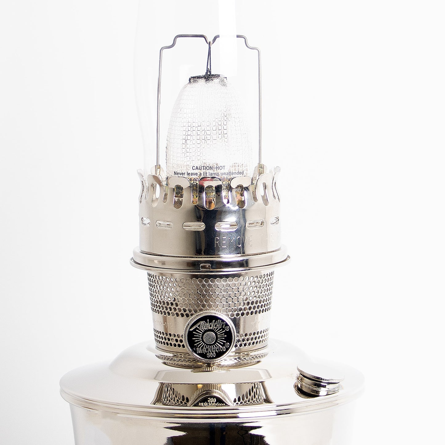 Close-up of a polished chrome-plated oil lamp burner with adjustable wick, showcasing its handcrafted design, featured in Lamps & Lighting and Oil Lamps collections.