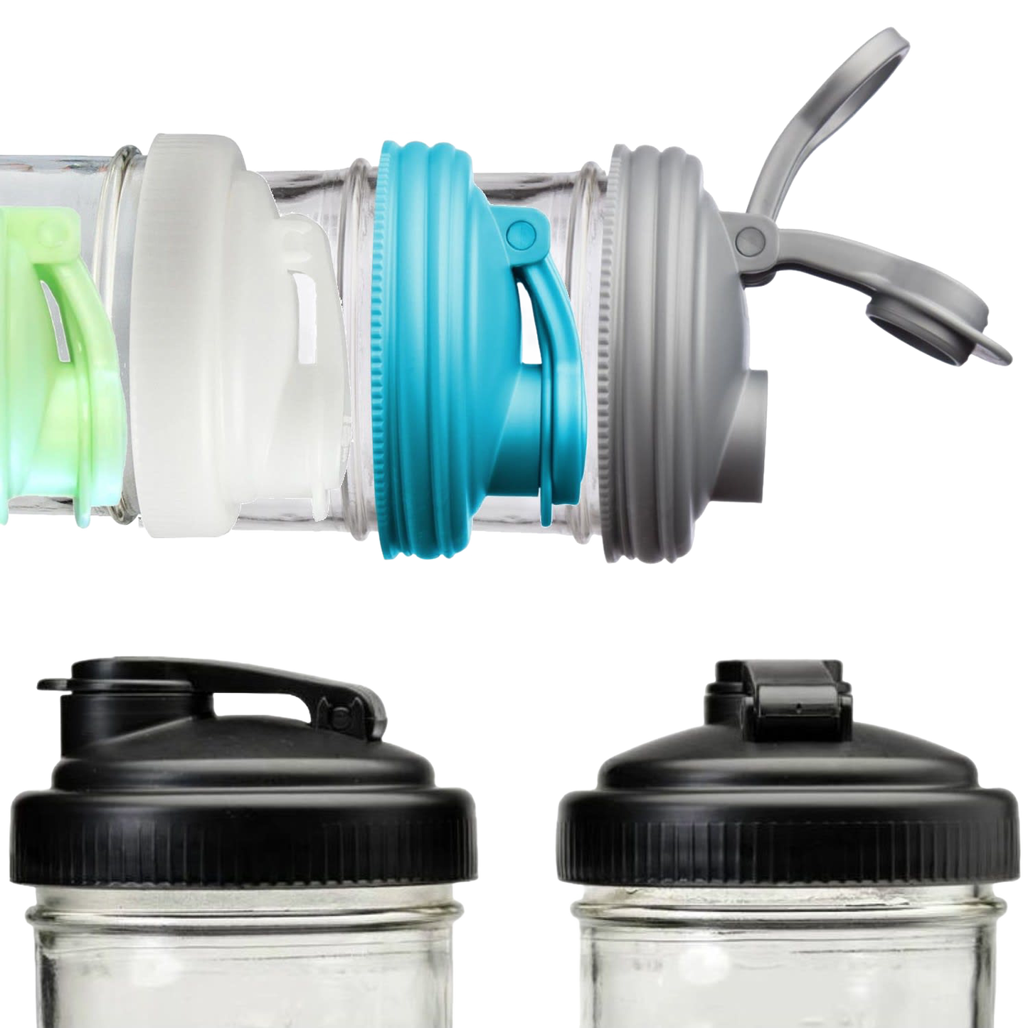 Collection of mason jar pour lids with carry loops in various colors and flip-top designs, made in USA from durable no-break plastic, ideal for Kitchen & Food, Kitchen Gadgets, and Best Sellers collections.
