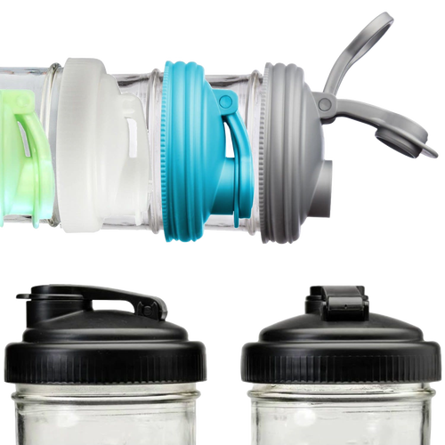 Collection of mason jar pour lids with carry loops in various colors and flip-top designs, made in USA from durable no-break plastic, ideal for Kitchen & Food, Kitchen Gadgets, and Best Sellers collections.