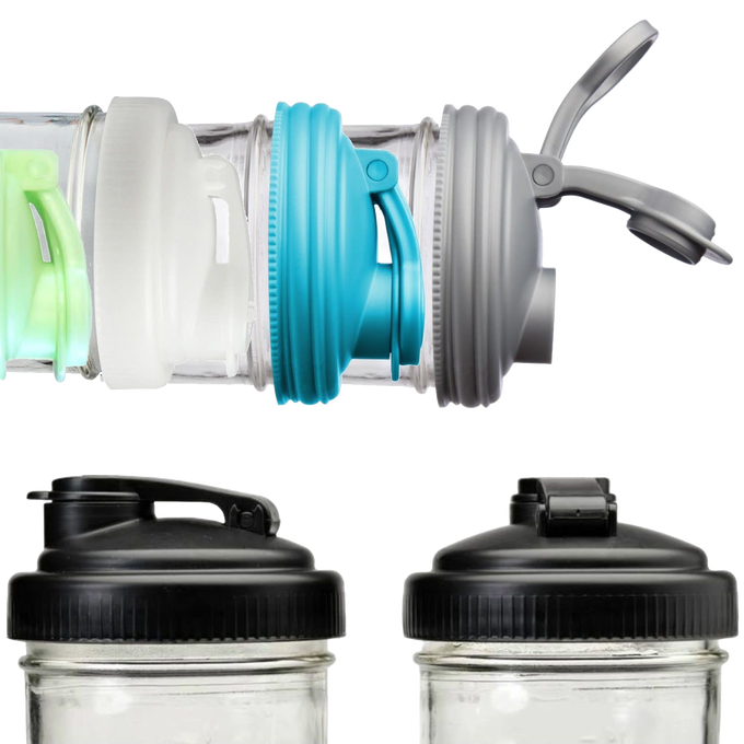 Collection of mason jar pour lids with carry loops in various colors and flip-top designs, made in USA from durable no-break plastic, ideal for Kitchen & Food, Kitchen Gadgets, and Best Sellers collections.