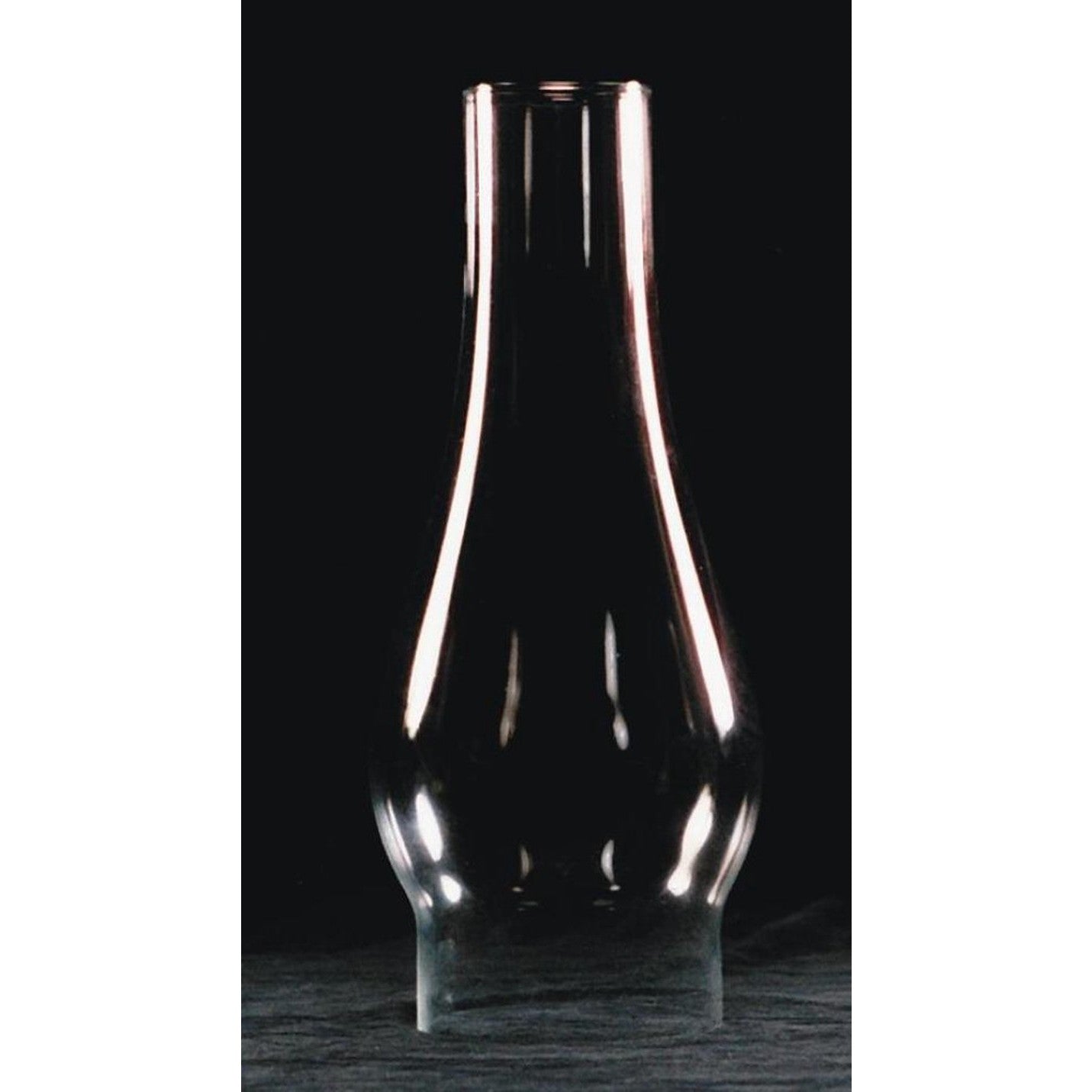 Clear glass oil lamp chimney with a 4-inch base and rounded bulge, crafted for use in lamps and lighting, chimneys and globes, featured in best sellers and promo eligible collections.