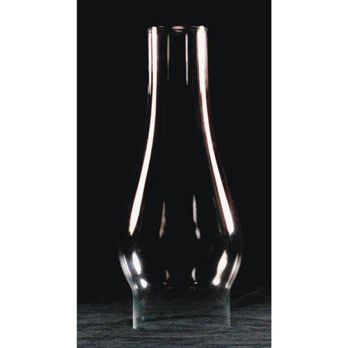 Clear glass oil lamp chimney with a 4-inch base and rounded bulge, crafted for use in lamps and lighting, chimneys and globes, featured in best sellers and promo eligible collections.