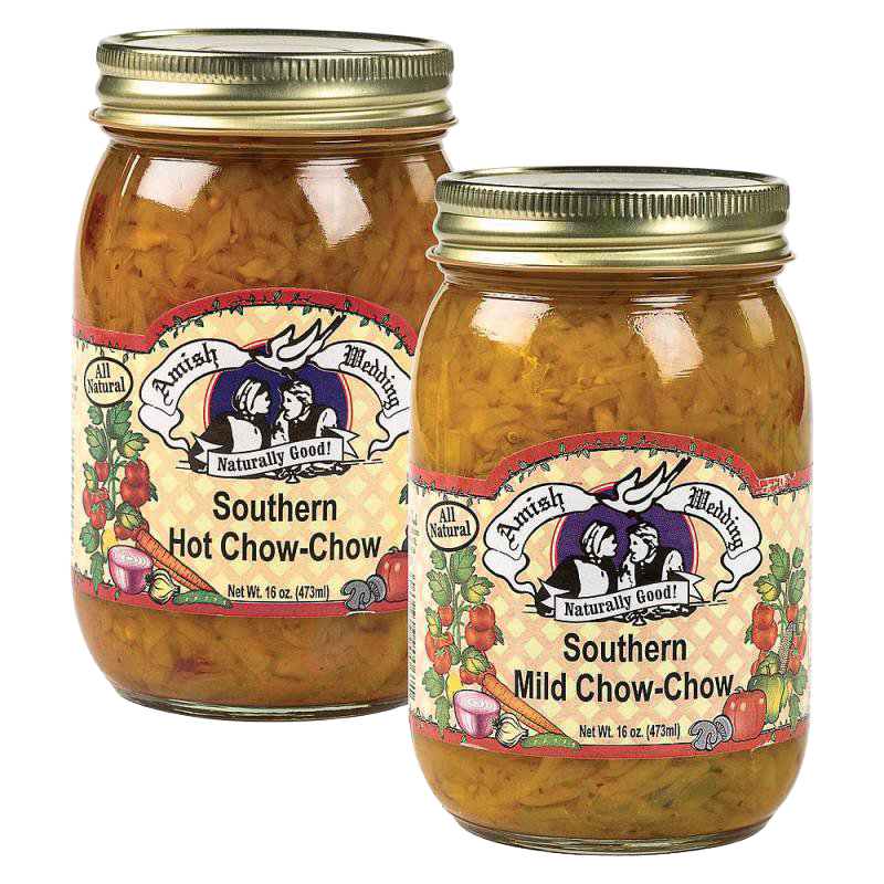 Two glass jars of Amish-made Southern Chow-Chow relish in hot and mild varieties, perfect for Kitchen & Food, Pantry, USA Made, Best Sellers, and Promo Eligible collections.