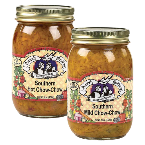Two glass jars of Amish-made Southern Chow-Chow relish in hot and mild varieties, perfect for Kitchen & Food, Pantry, USA Made, Best Sellers, and Promo Eligible collections.