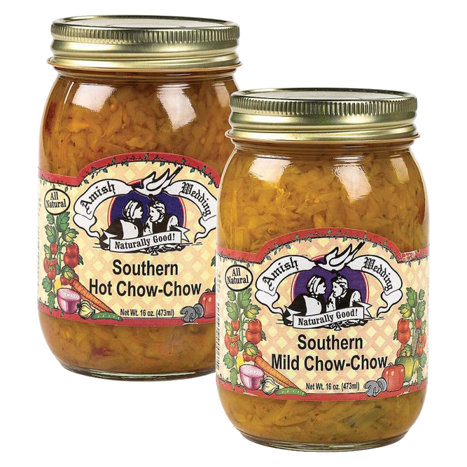 Two glass jars of Amish-made Southern Chow-Chow relish in hot and mild varieties, perfect for Kitchen & Food, Pantry, USA Made, Best Sellers, and Promo Eligible collections.