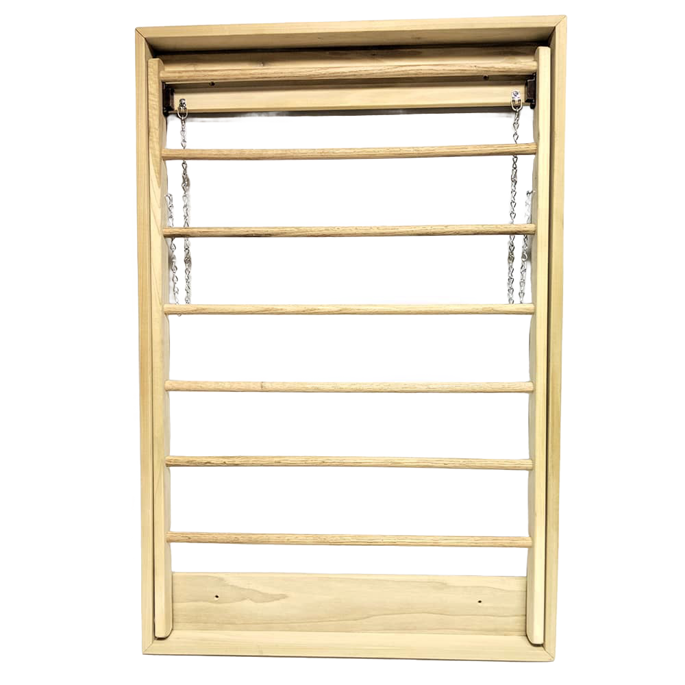 Handcrafted wooden clothes drying rack with seven dowels and sturdy chains for wall mounting, made in the USA by Amish artisans, ideal for Home & Decor and Laundry Supplies.