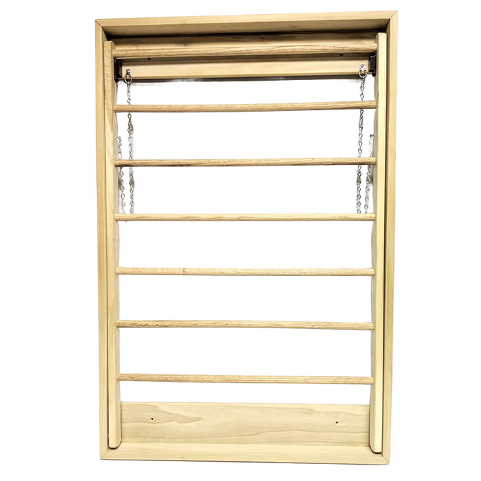 Handcrafted wooden clothes drying rack with seven dowels and sturdy chains for wall mounting, made in the USA by Amish artisans, ideal for Home & Decor and Laundry Supplies.