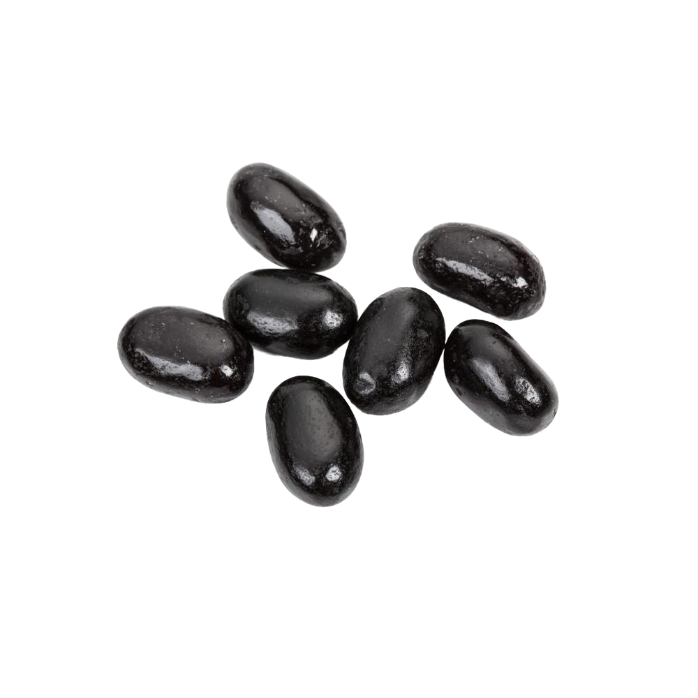 Seven glossy black jumbo licorice jelly beans arranged on a white background, part of Kitchen & Food and Snacks and Sweets collections.