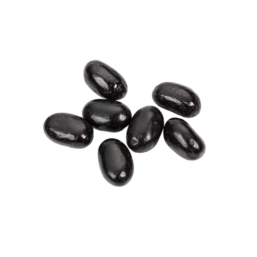Seven glossy black jumbo licorice jelly beans arranged on a white background, part of Kitchen & Food and Snacks and Sweets collections.