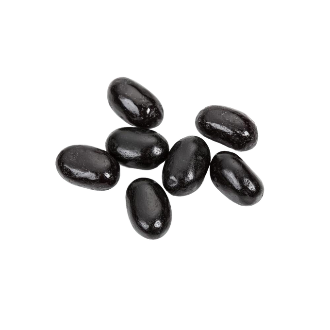 Seven glossy black jumbo licorice jelly beans arranged on a white background, part of Kitchen & Food and Snacks and Sweets collections.
