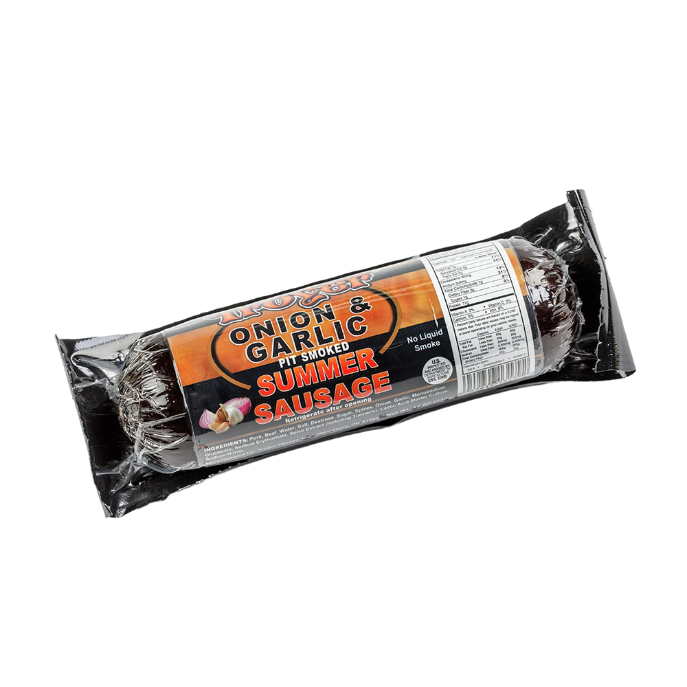 Vacuum-sealed summer sausage with onion and garlic flavor, pit smoked and handcrafted in USA, perfect for Kitchen & Food, Snacks and Sweets, Pantry, Meats, and Best Sellers collections.