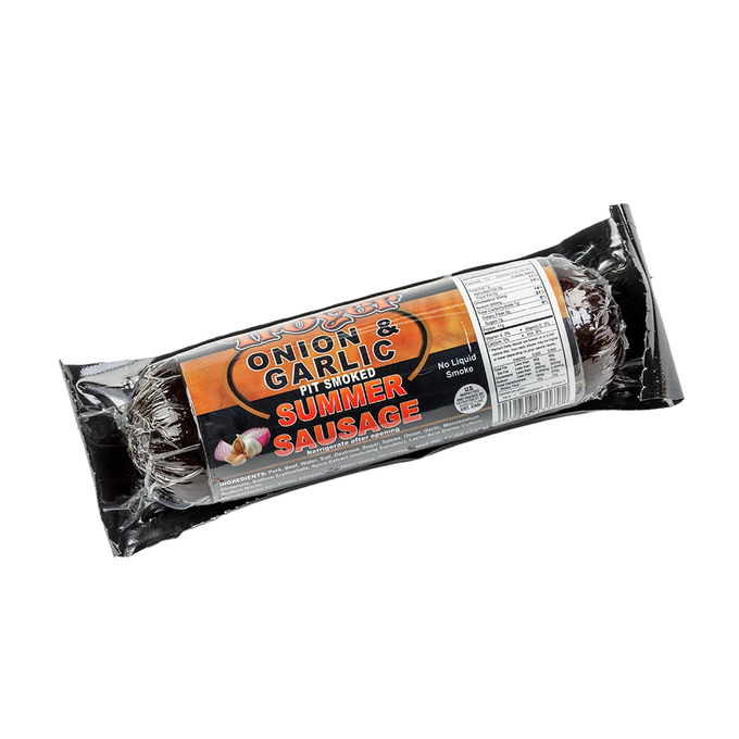 Vacuum-sealed summer sausage with onion and garlic flavor, pit smoked and handcrafted in USA, perfect for Kitchen & Food, Snacks and Sweets, Pantry, Meats, and Best Sellers collections.