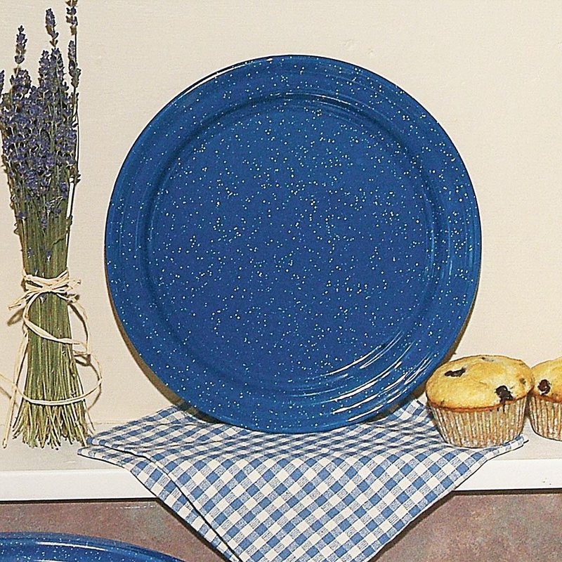 Handcrafted royal blue speckled enamelware plate with porcelain coating, weather resistant and easy to clean, ideal for Farm, Garden & Tool, Kitchen & Food, Camping, Dinnerware, Best Sellers, and Promo Eligible collections.