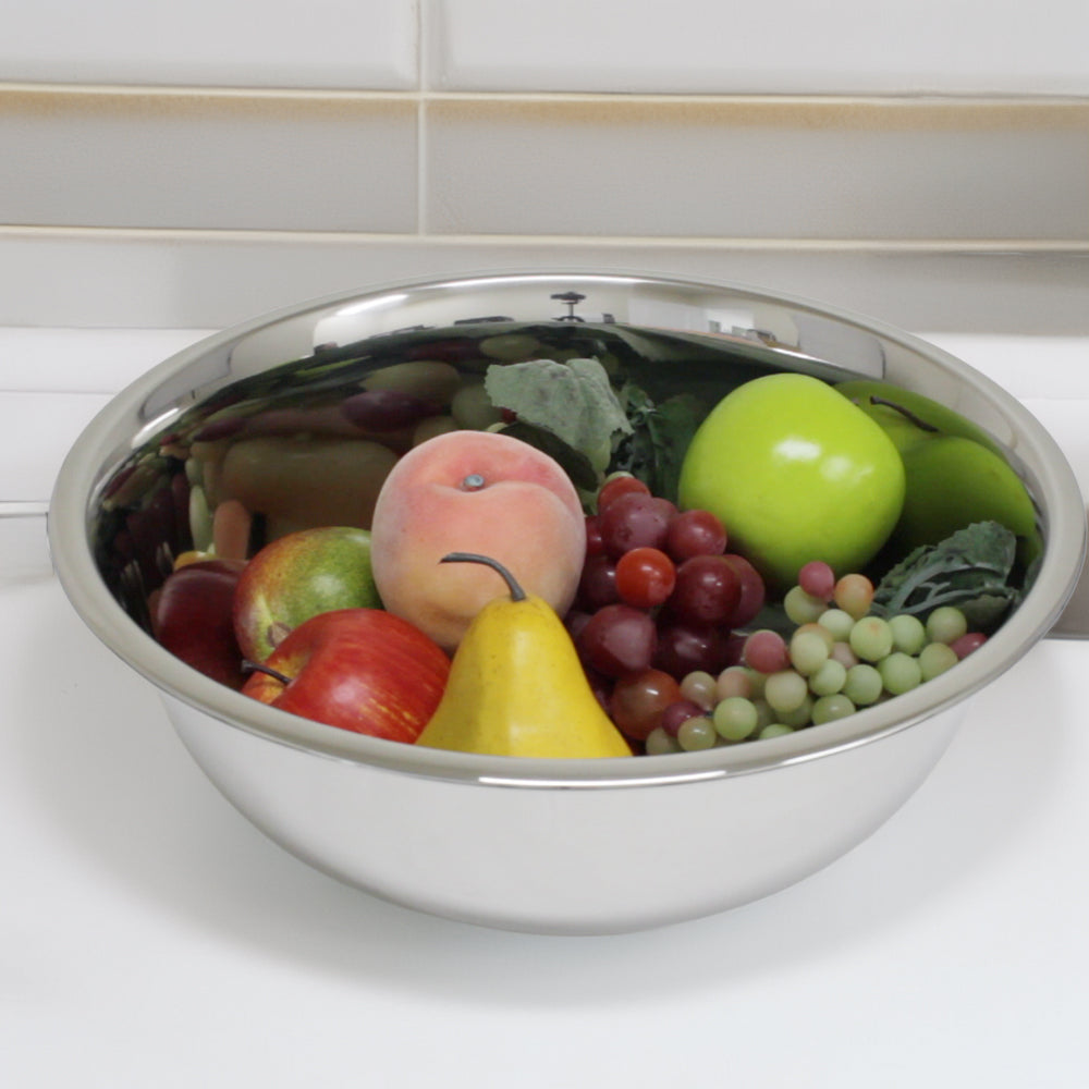 Large heavy-gauge stainless steel bowl filled with assorted fresh fruits including apple, pear, grapes, and peach, suitable for Kitchen & Food, Storage and Serving, Best Sellers, Promo Eligible collections.