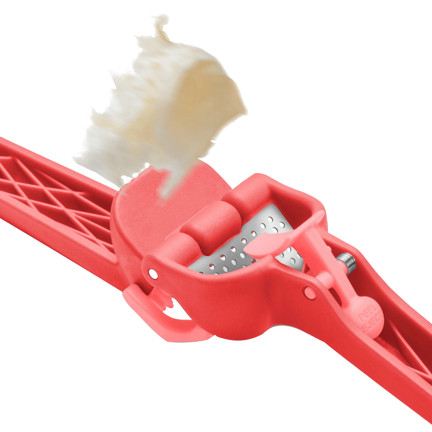 Red garlic press with a sturdy hinge mechanism pressing unpeeled garlic cloves and ejecting peels automatically, ideal for Kitchen & Food, Food Prep, Choppers and Cutters, and Kitchen Gadgets collections.