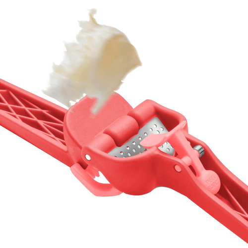 Red garlic press with a sturdy hinge mechanism pressing unpeeled garlic cloves and ejecting peels automatically, ideal for Kitchen & Food, Food Prep, Choppers and Cutters, and Kitchen Gadgets collections.