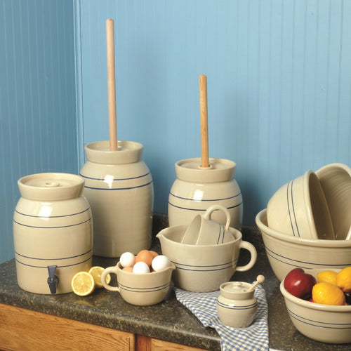 Set of handcrafted natural stone color pottery kitchenware with smooth unfinished wooden dashers and traditional double blue stripes, made in USA, featured in Kitchen & Food, Specialty Equipment, Making Butter, USA Made, Best Sellers, and Promo Eligible collections.