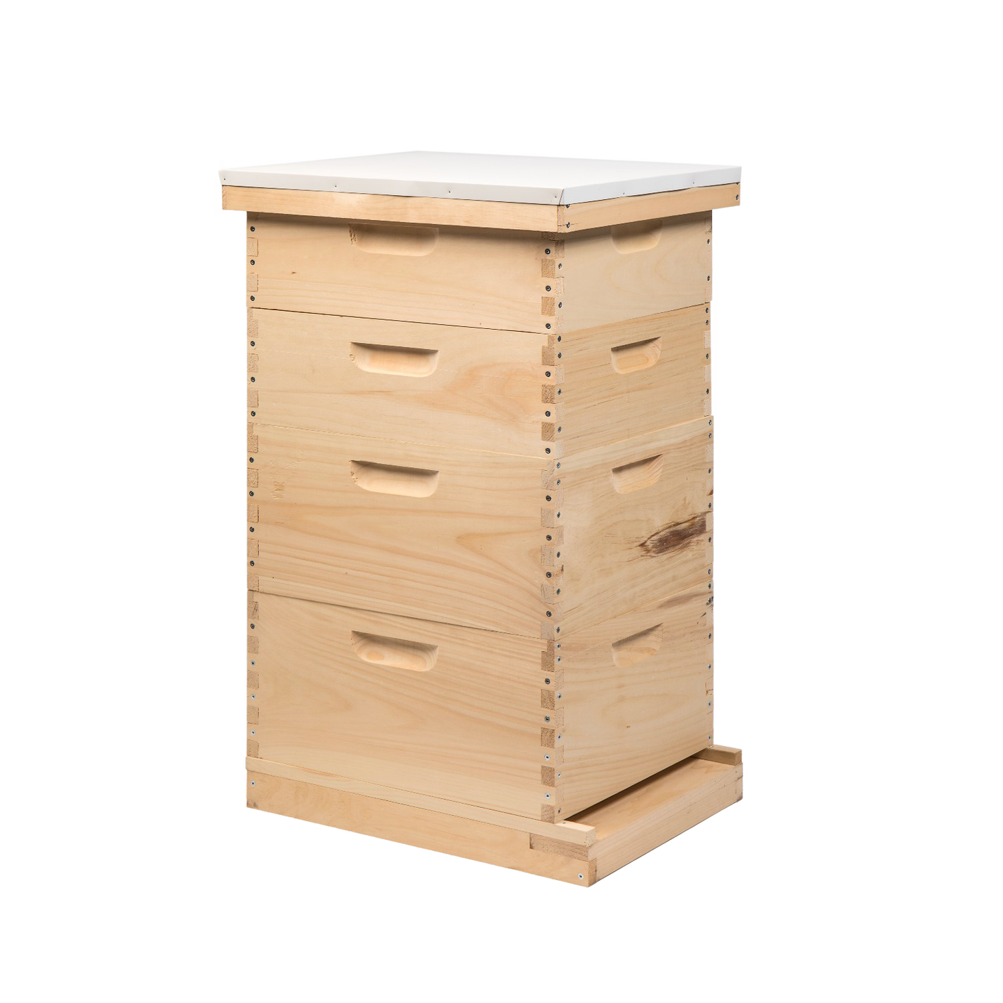 Handcrafted Amish made 10-frame beehive kit with natural wood finish, featuring deep and medium boxes, top metal cover, and screen bottom, ideal for farm and garden beekeeping supplies.