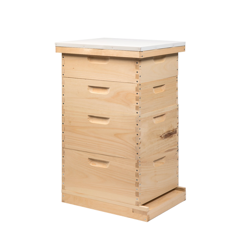 Handcrafted Amish made 10-frame beehive kit with natural wood finish, featuring deep and medium boxes, top metal cover, and screen bottom, ideal for farm and garden beekeeping supplies.
