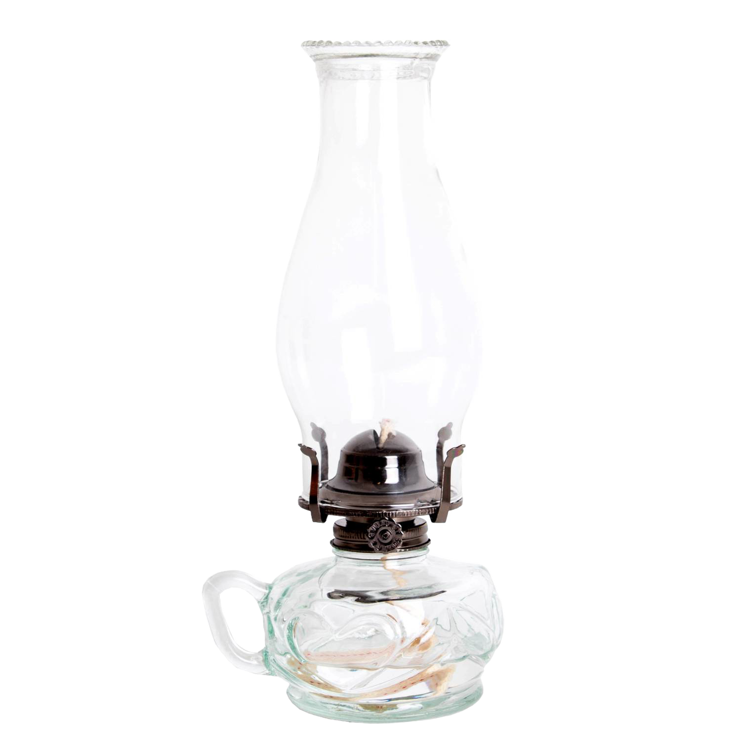 Handcrafted clear glass oil lamp with unique finger hold on the side, featuring a tall chimney and metal burner, ideal for lamps & lighting, oil lamps, and table lamps collections.