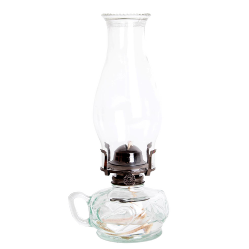 Handcrafted clear glass oil lamp with unique finger hold on the side, featuring a tall chimney and metal burner, ideal for lamps & lighting, oil lamps, and table lamps collections.