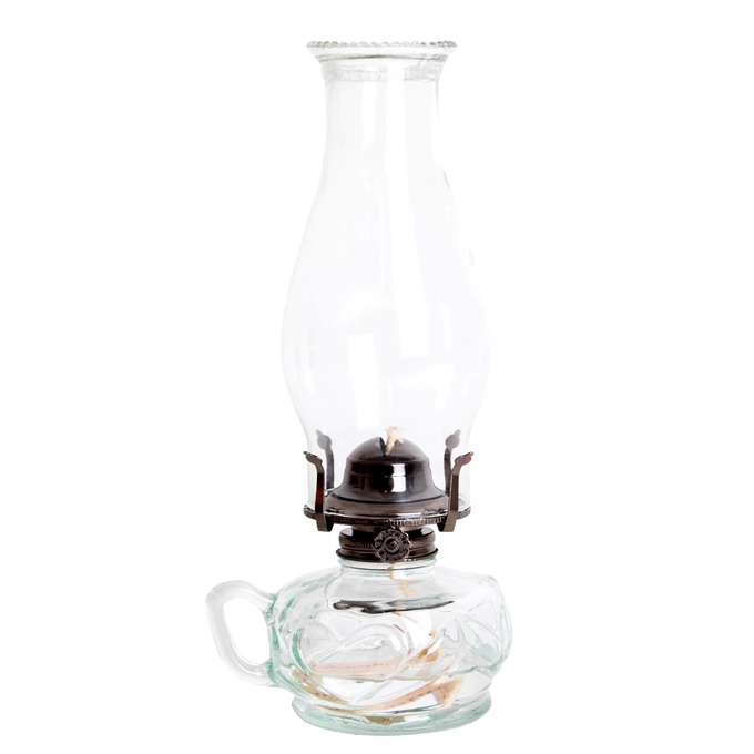 Handcrafted clear glass oil lamp with unique finger hold on the side, featuring a tall chimney and metal burner, ideal for lamps & lighting, oil lamps, and table lamps collections.