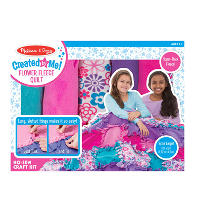 Boxed no-sew craft kit featuring colorful, super-thick fleece pieces to create a large handmade flower quilt, promoting creativity in children's arts and crafts collections.