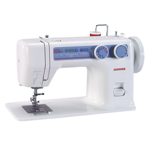 Compact white sewing machine with stitch pattern display and dial controls for stitch length and tension, designed for quilting and sewing tasks in Home & Decor and Indoor Furniture collections.