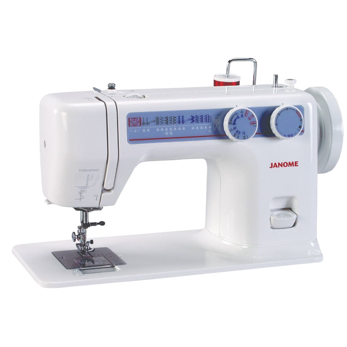 Compact white sewing machine with stitch pattern display and dial controls for stitch length and tension, designed for quilting and sewing tasks in Home & Decor and Indoor Furniture collections.