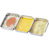 Set of three attachable stainless steel breading pans showing stages of breading process with raw chicken in flour, egg wash in middle, and breadcrumbs on the right, handcrafted for Kitchen & Food and Cookware collections.