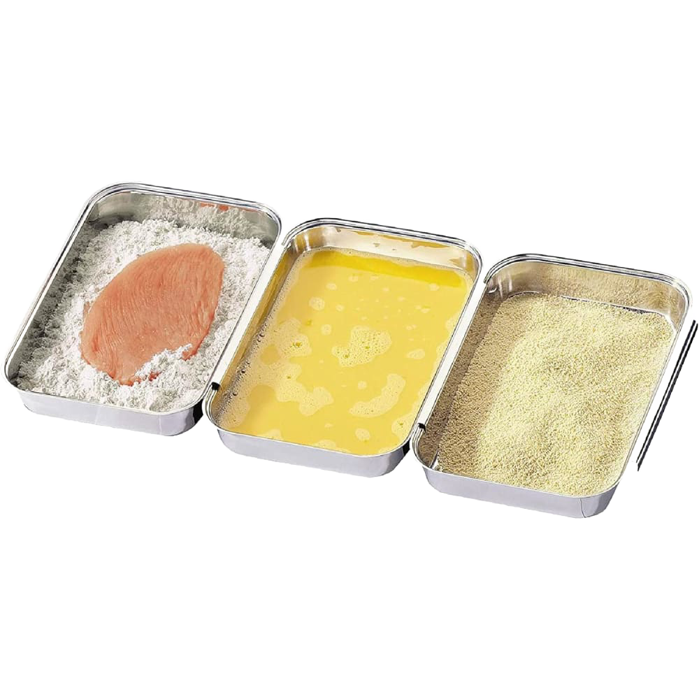 Set of three attachable stainless steel breading pans showing stages of breading process with raw chicken in flour, egg wash in middle, and breadcrumbs on the right, handcrafted for Kitchen & Food and Cookware collections.