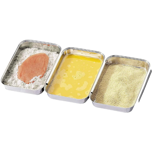 Set of three attachable stainless steel breading pans showing stages of breading process with raw chicken in flour, egg wash in middle, and breadcrumbs on the right, handcrafted for Kitchen & Food and Cookware collections.