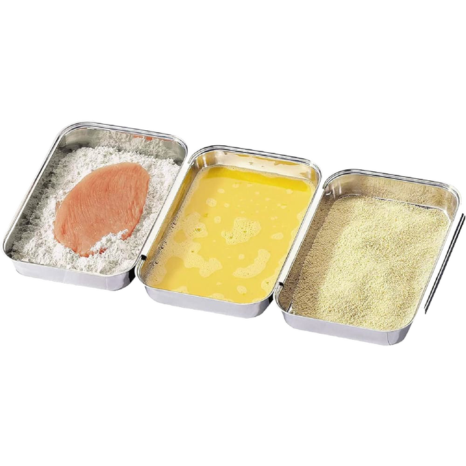 Set of three attachable stainless steel breading pans showing stages of breading process with raw chicken in flour, egg wash in middle, and breadcrumbs on the right, handcrafted for Kitchen & Food and Cookware collections.