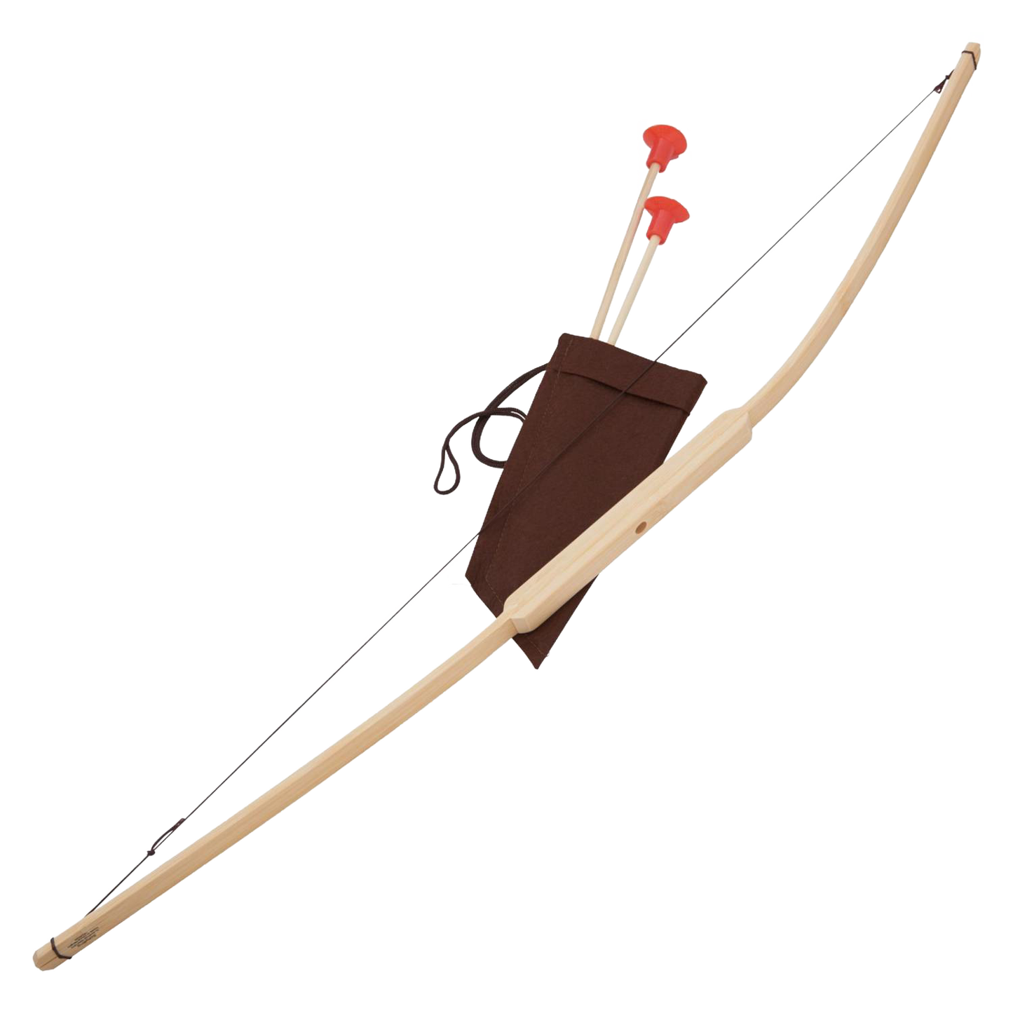 Handcrafted wooden bow with string, accompanied by two suction-cup arrows and a brown fabric quiver, ideal for children’s outdoor and indoor play in Toys, Books & Games collections.
