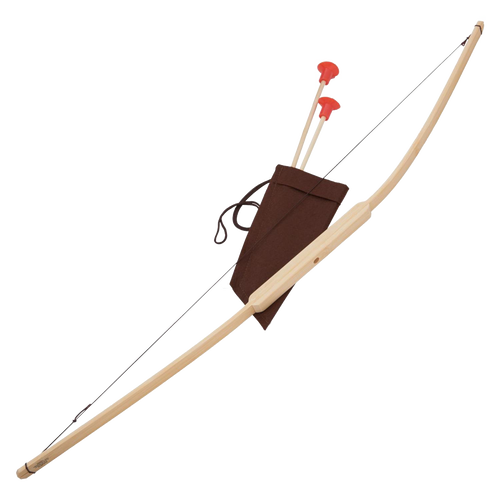 Handcrafted wooden bow with string, accompanied by two suction-cup arrows and a brown fabric quiver, ideal for children’s outdoor and indoor play in Toys, Books & Games collections.