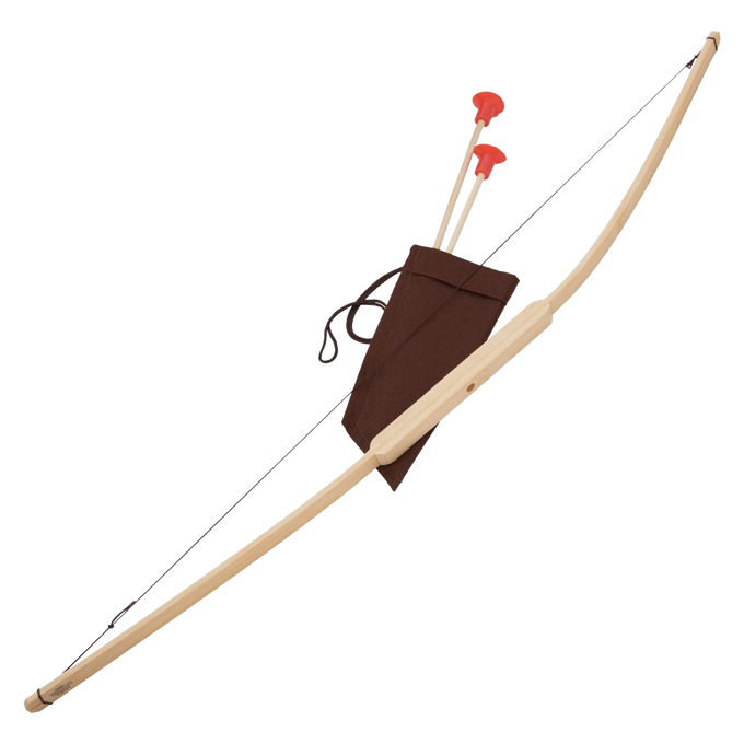 Handcrafted wooden bow with string, accompanied by two suction-cup arrows and a brown fabric quiver, ideal for children’s outdoor and indoor play in Toys, Books & Games collections.