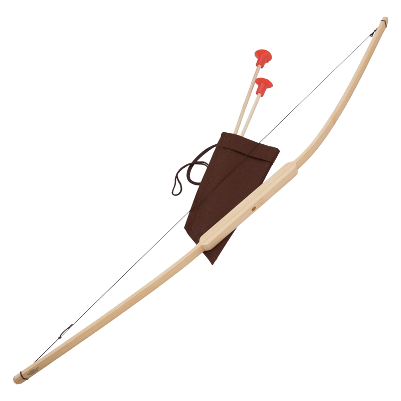 Handcrafted wooden bow with string, accompanied by two suction-cup arrows and a brown fabric quiver, ideal for children’s outdoor and indoor play in Toys, Books & Games collections.