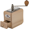 Compact hand-crank coffee mill crafted from light natural wood with a smooth metal crank and knob, featuring an adjustable conical burr grinder, ideal for Farm, Garden & Tool and Brewing Coffee collections.