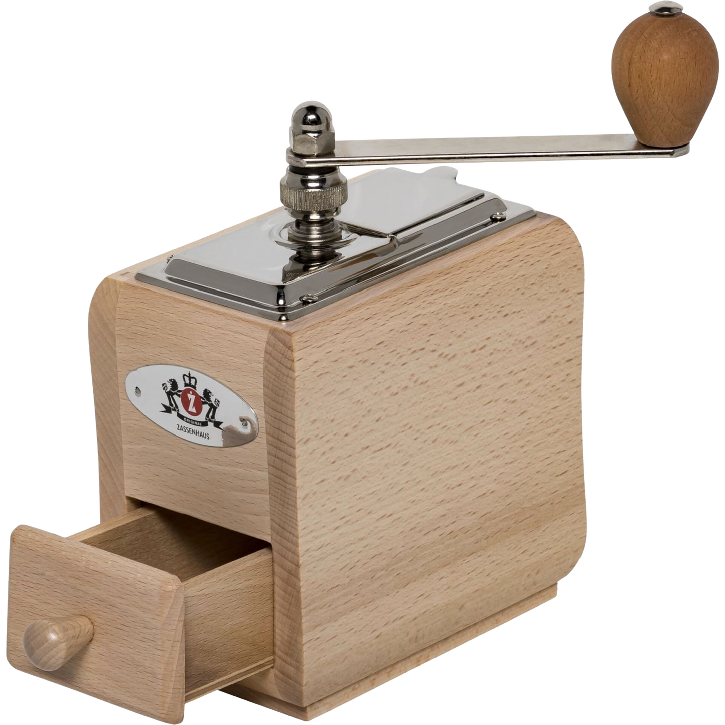 Compact hand-crank coffee mill crafted from light natural wood with a smooth metal crank and knob, featuring an adjustable conical burr grinder, ideal for Farm, Garden & Tool and Brewing Coffee collections.