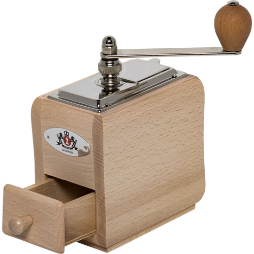 Compact hand-crank coffee mill crafted from light natural wood with a smooth metal crank and knob, featuring an adjustable conical burr grinder, ideal for Farm, Garden & Tool and Brewing Coffee collections.