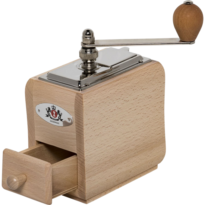 Compact hand-crank coffee mill crafted from light natural wood with a smooth metal crank and knob, featuring an adjustable conical burr grinder, ideal for Farm, Garden & Tool and Brewing Coffee collections.