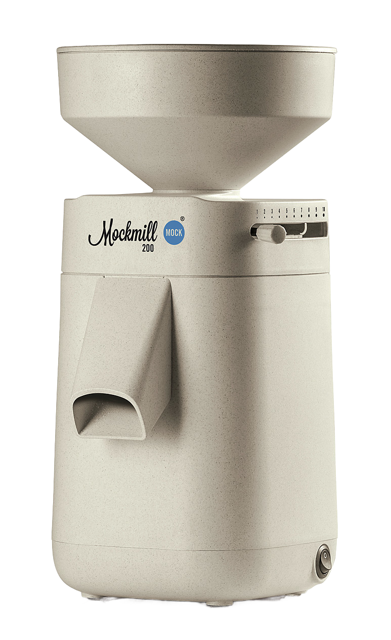 Cream-colored electric grain mill with large hopper and adjustable settings, designed for efficient home milling in Kitchen & Food and Grain Mills collections.
