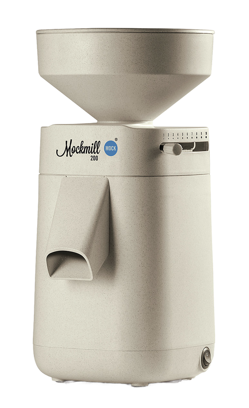 Cream-colored electric grain mill with large hopper and adjustable settings, designed for efficient home milling in Kitchen & Food and Grain Mills collections.