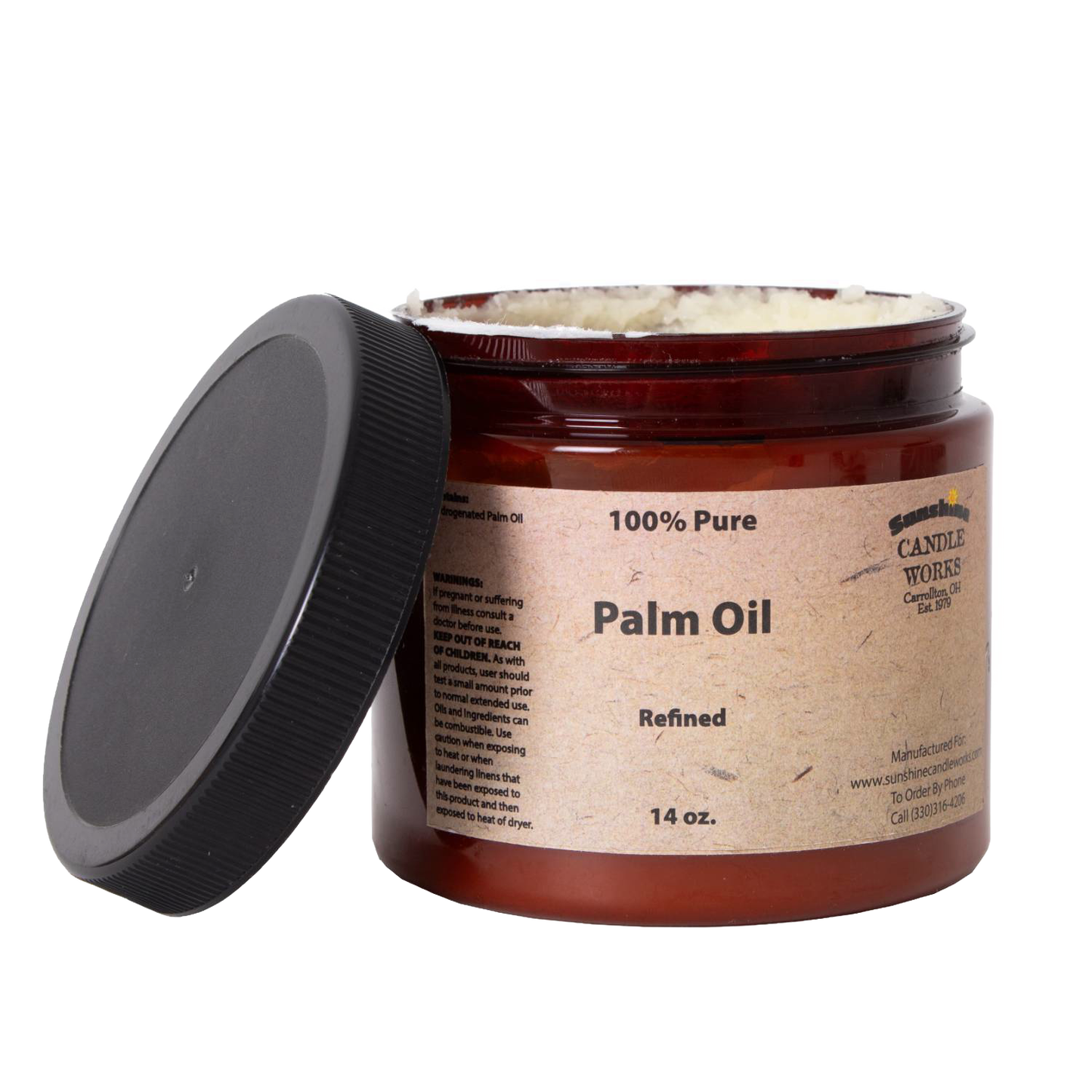 Amber jar of refined pure palm oil in a 14-ounce container with a black screw-on lid, ideal for soapmaking and featured in Health & Wellness, Soapmaking Supplies, USA Made, and Best Sellers collections.