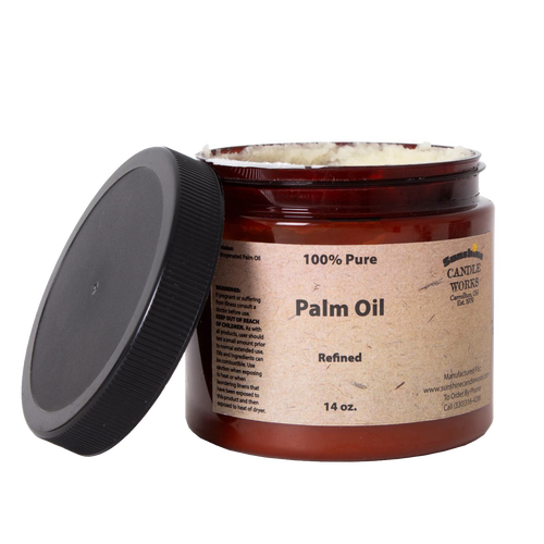 Amber jar of refined pure palm oil in a 14-ounce container with a black screw-on lid, ideal for soapmaking and featured in Health & Wellness, Soapmaking Supplies, USA Made, and Best Sellers collections.