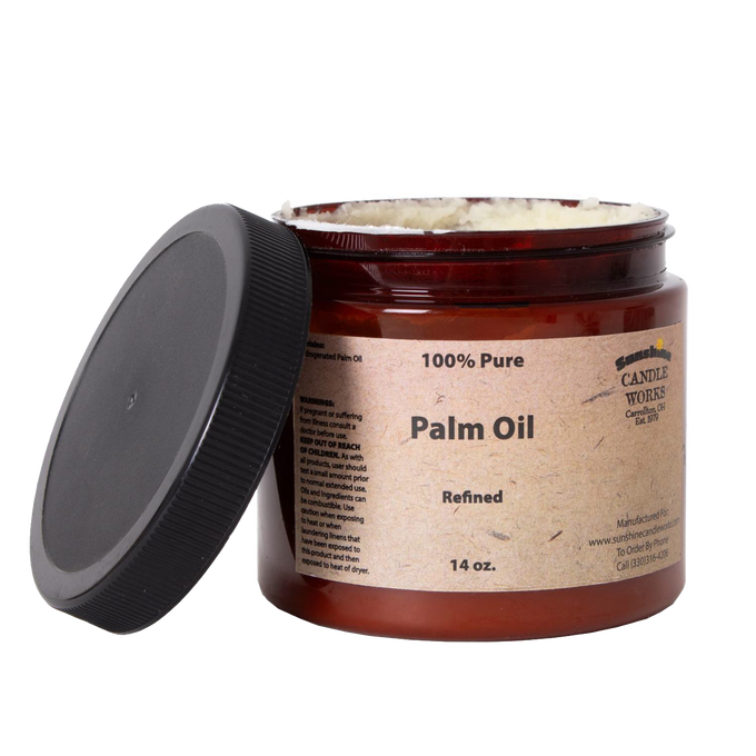 Amber jar of refined pure palm oil in a 14-ounce container with a black screw-on lid, ideal for soapmaking and featured in Health & Wellness, Soapmaking Supplies, USA Made, and Best Sellers collections.