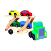 Handcrafted wooden car carrier toy truck with four colorful vehicles on two levels, designed for children's indoor play and featured among best-selling wooden toys.