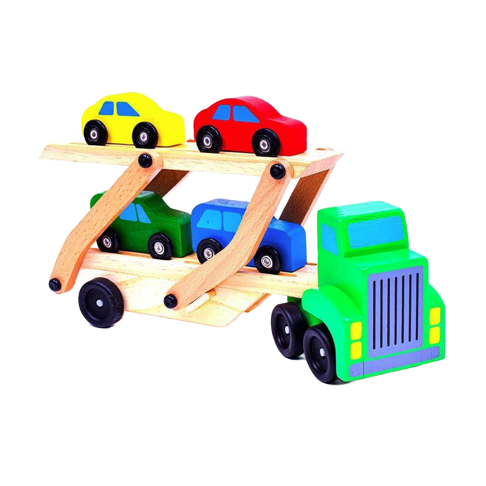Handcrafted wooden car carrier toy truck with four colorful vehicles on two levels, designed for children's indoor play and featured among best-selling wooden toys.